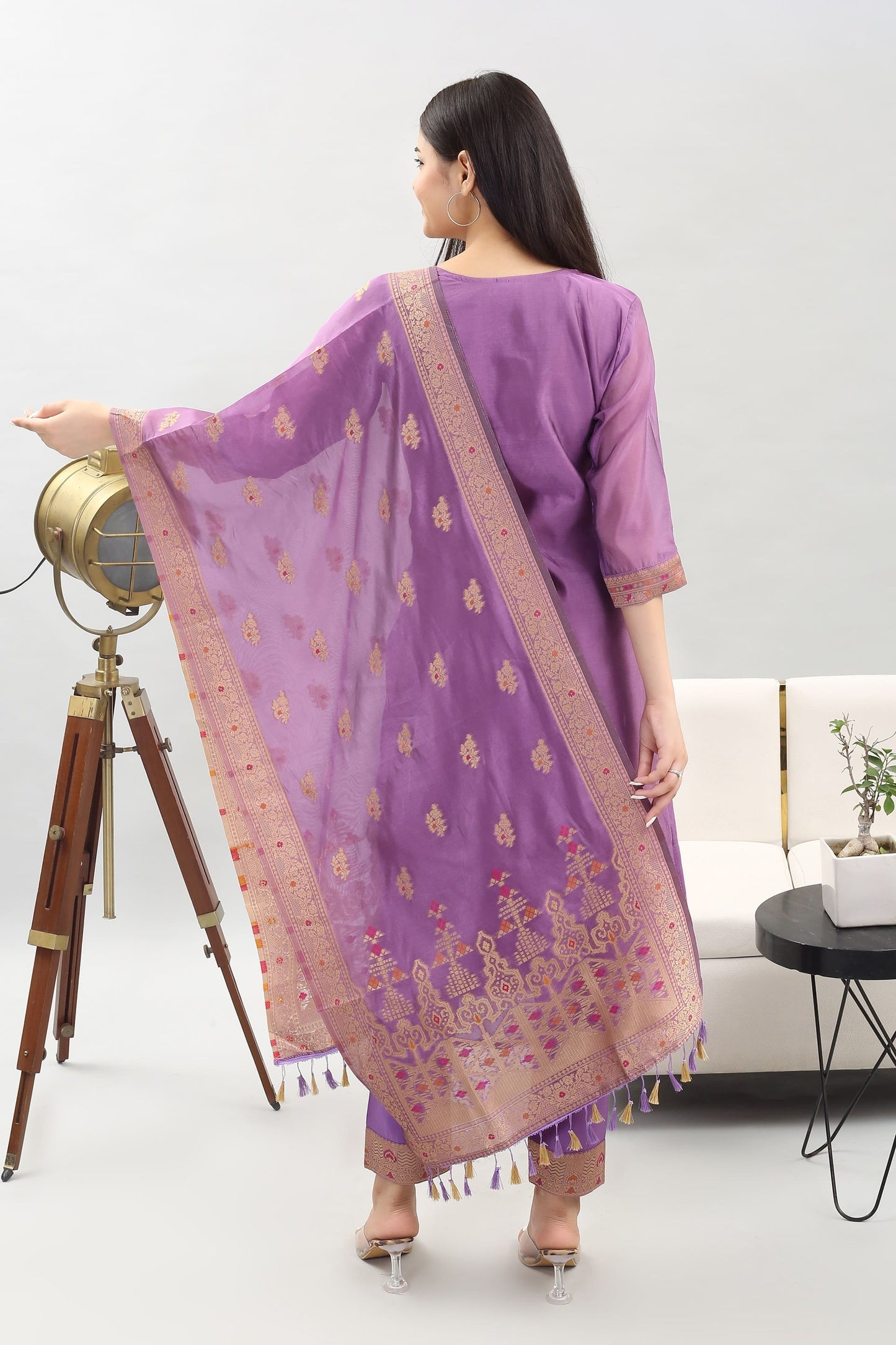 Tyohar Glamour (Lilac): 46-Inch Pure Organza Jacquard Kurta, Viscose Pants, and Stylish Dupatta