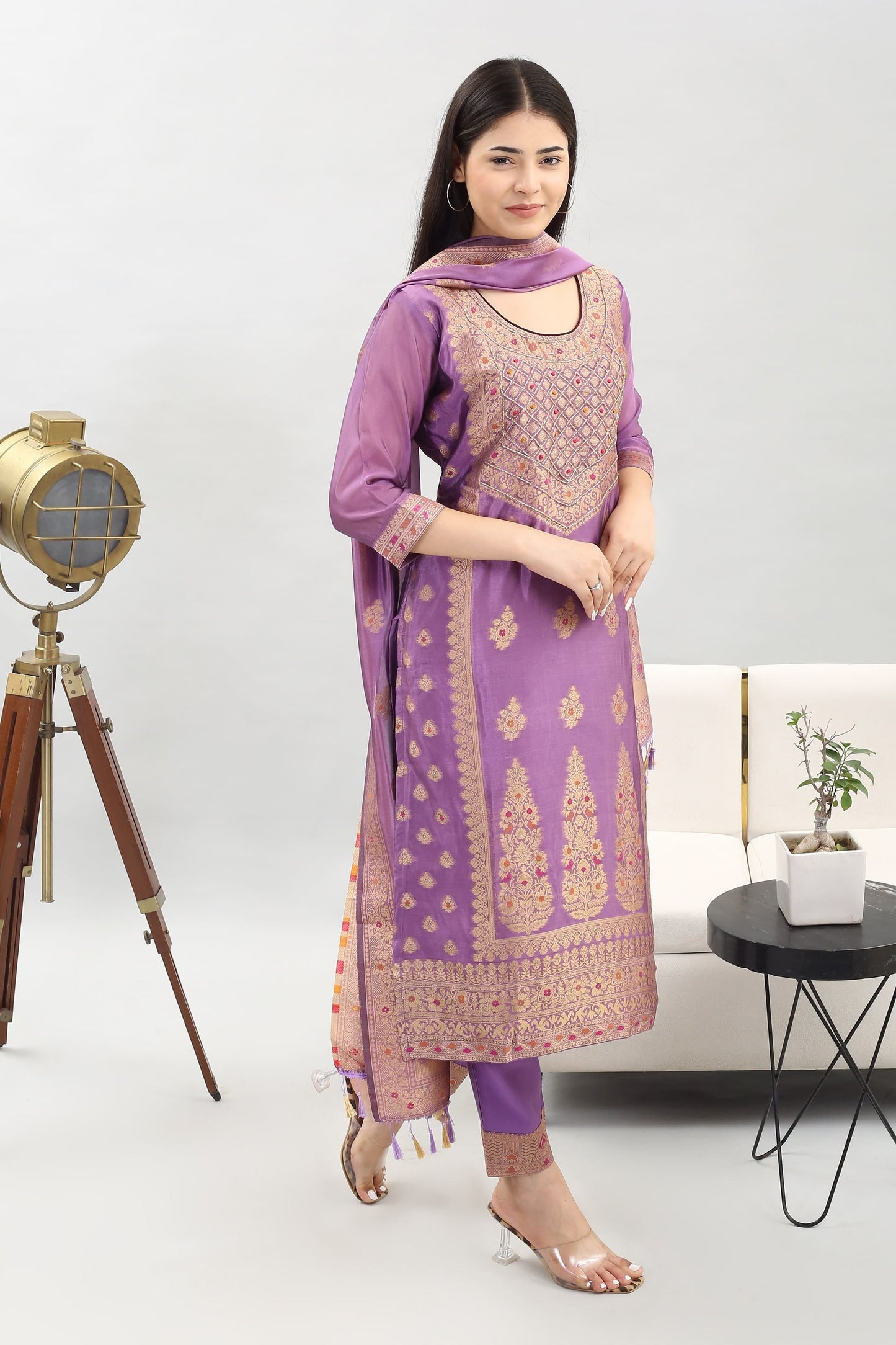 Tyohar Glamour (Lilac): 46-Inch Pure Organza Jacquard Kurta, Viscose Pants, and Stylish Dupatta