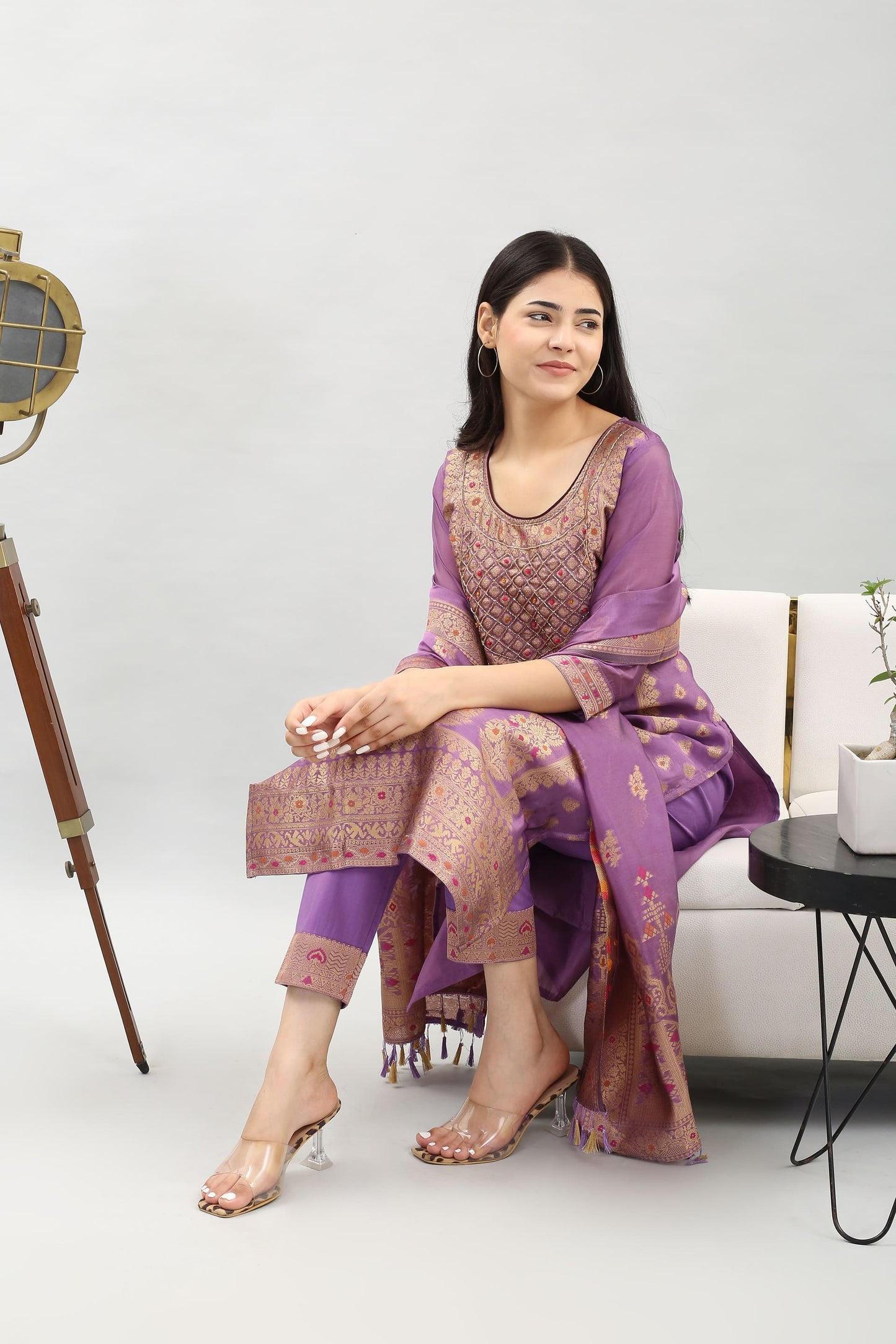 Tyohar Glamour (Lilac): 46-Inch Pure Organza Jacquard Kurta, Viscose Pants, and Stylish Dupatta