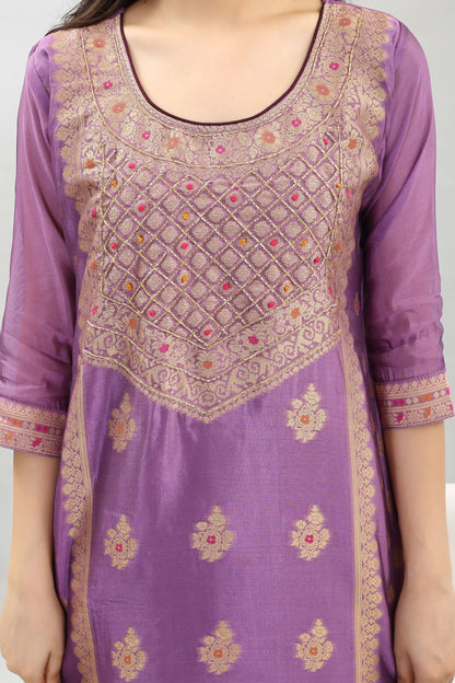 Tyohar Glamour (Lilac): 46-Inch Pure Organza Jacquard Kurta, Viscose Pants, and Stylish Dupatta