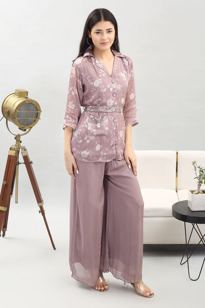 Elegant Two-Piece Ensemble (pastel salmon): Digital Print Chinon Top with Hand Embroidery and Flared Pants