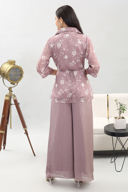 Elegant Two-Piece Ensemble (pastel salmon): Digital Print Chinon Top with Hand Embroidery and Flared Pants