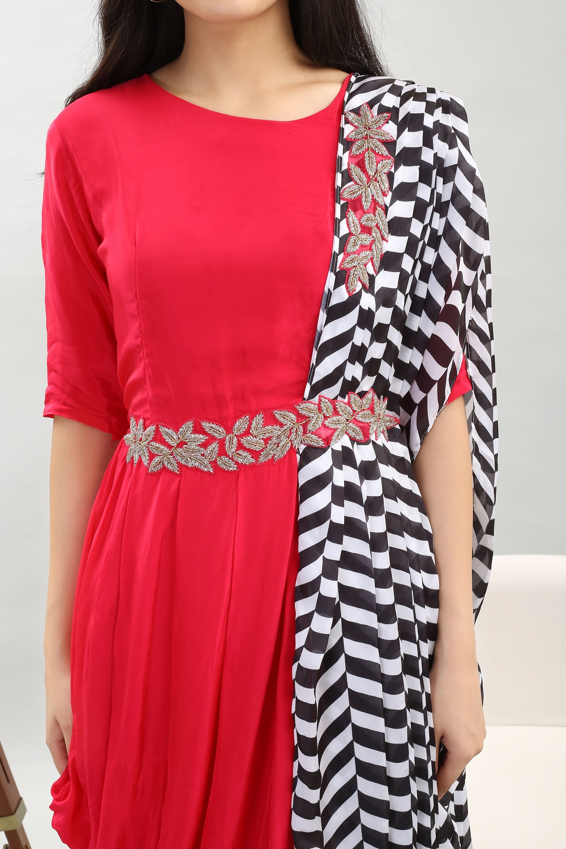 Fuchsia Fusion Delight: Cowl Neck Viscose Crepe Dress with Pre-Stitched Printed Drape