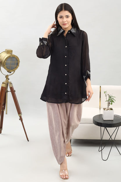 Elegant Viscose Chinon Shirt: Hand Embroidered Collar and Cuffs