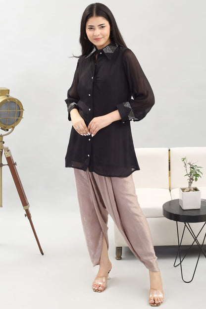 Elegant Viscose Chinon Shirt: Hand Embroidered Collar and Cuffs