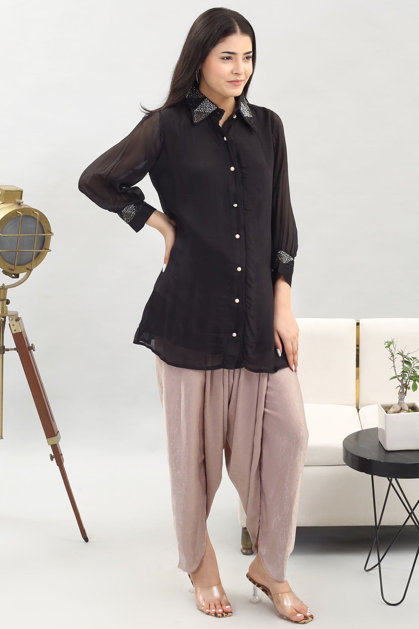 Elegant Viscose Chinon Shirt: Hand Embroidered Collar and Cuffs