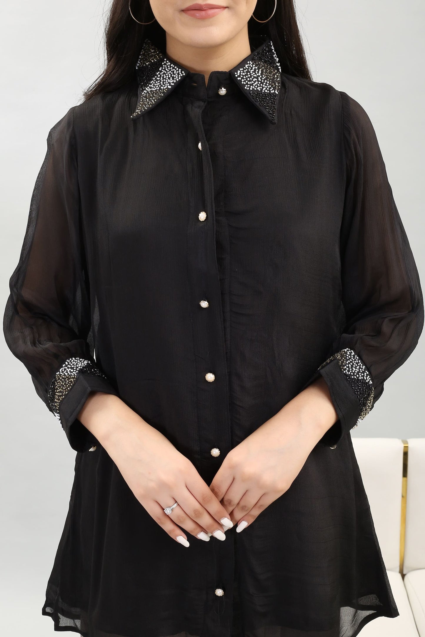 Elegant Viscose Chinon Shirt: Hand Embroidered Collar and Cuffs