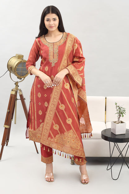 Tyohar Glamour (Rust): 46-Inch Pure Organza Jacquard Kurta, Viscose Pants, and Stylish Dupatta