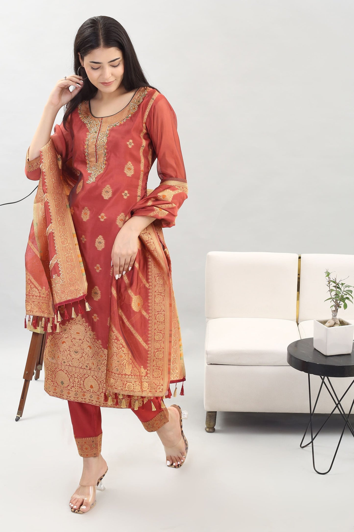 Tyohar Glamour (Rust): 46-Inch Pure Organza Jacquard Kurta, Viscose Pants, and Stylish Dupatta