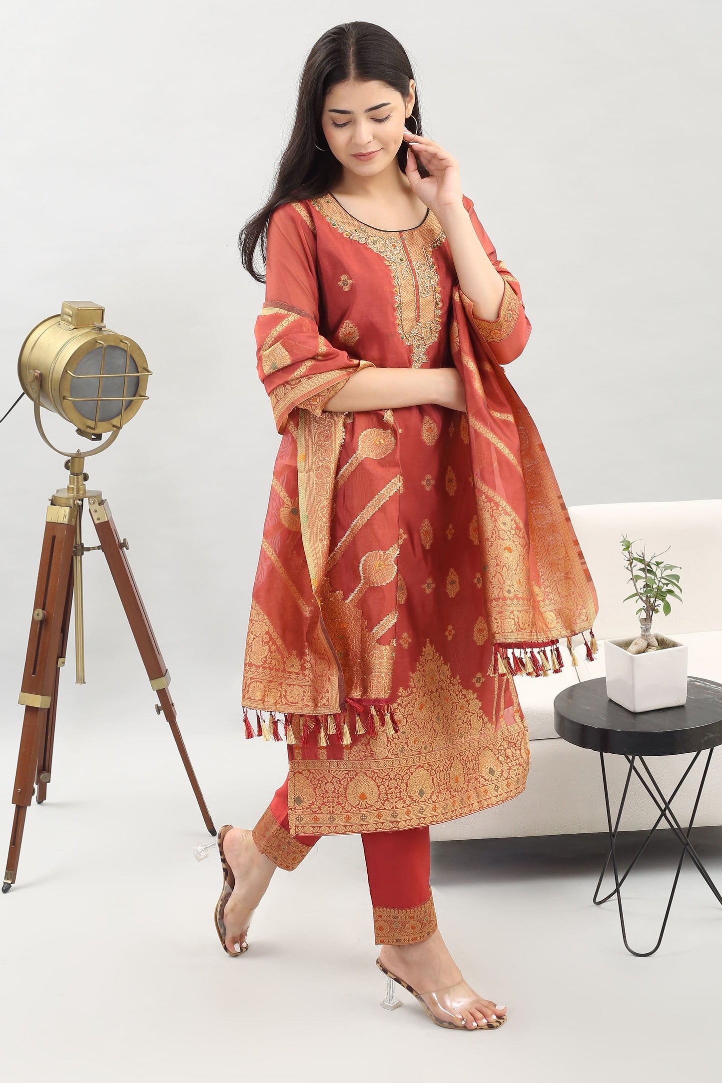 Tyohar Glamour (Rust): 46-Inch Pure Organza Jacquard Kurta, Viscose Pants, and Stylish Dupatta