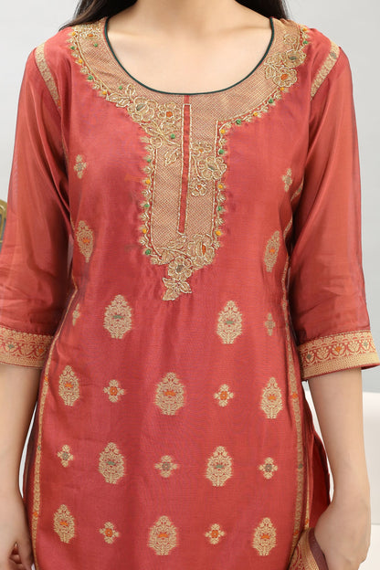 Tyohar Glamour (Rust): 46-Inch Pure Organza Jacquard Kurta, Viscose Pants, and Stylish Dupatta