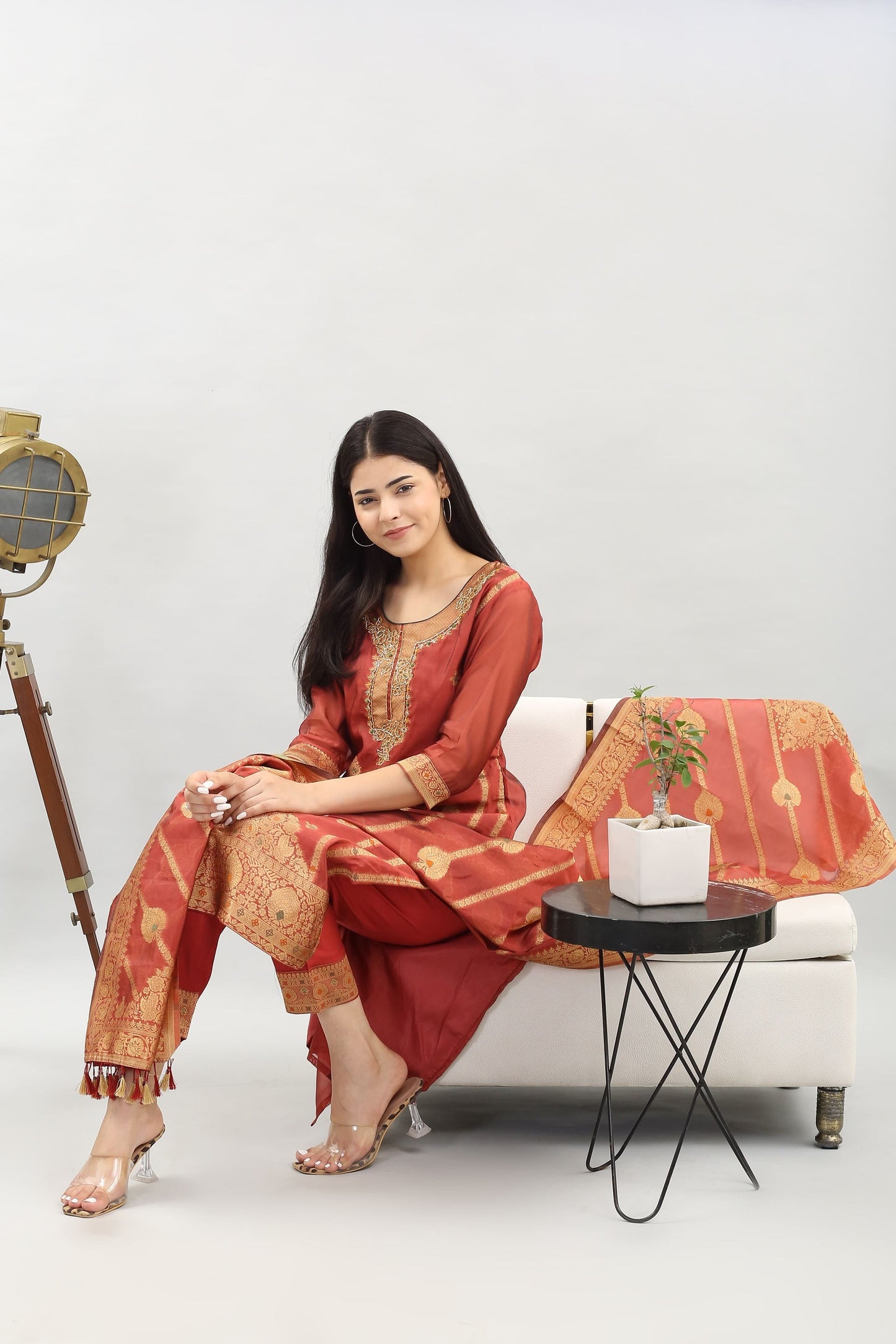 Tyohar Glamour (Rust): 46-Inch Pure Organza Jacquard Kurta, Viscose Pants, and Stylish Dupatta