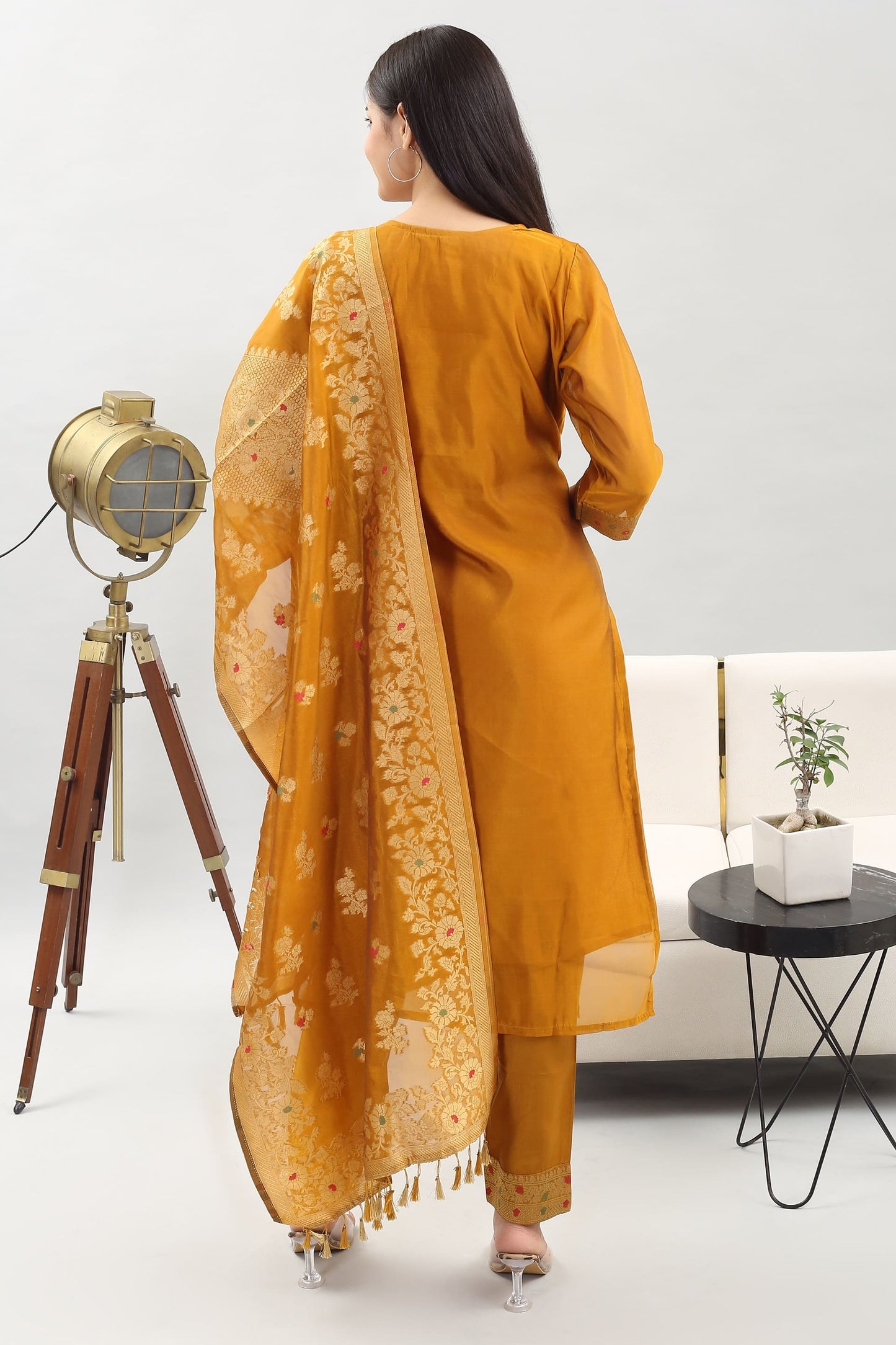 Tyohar Glamour (Mustard) : 46-Inch Pure Organza Jacquard Kurta, Viscose Pants, and Stylish Dupatta