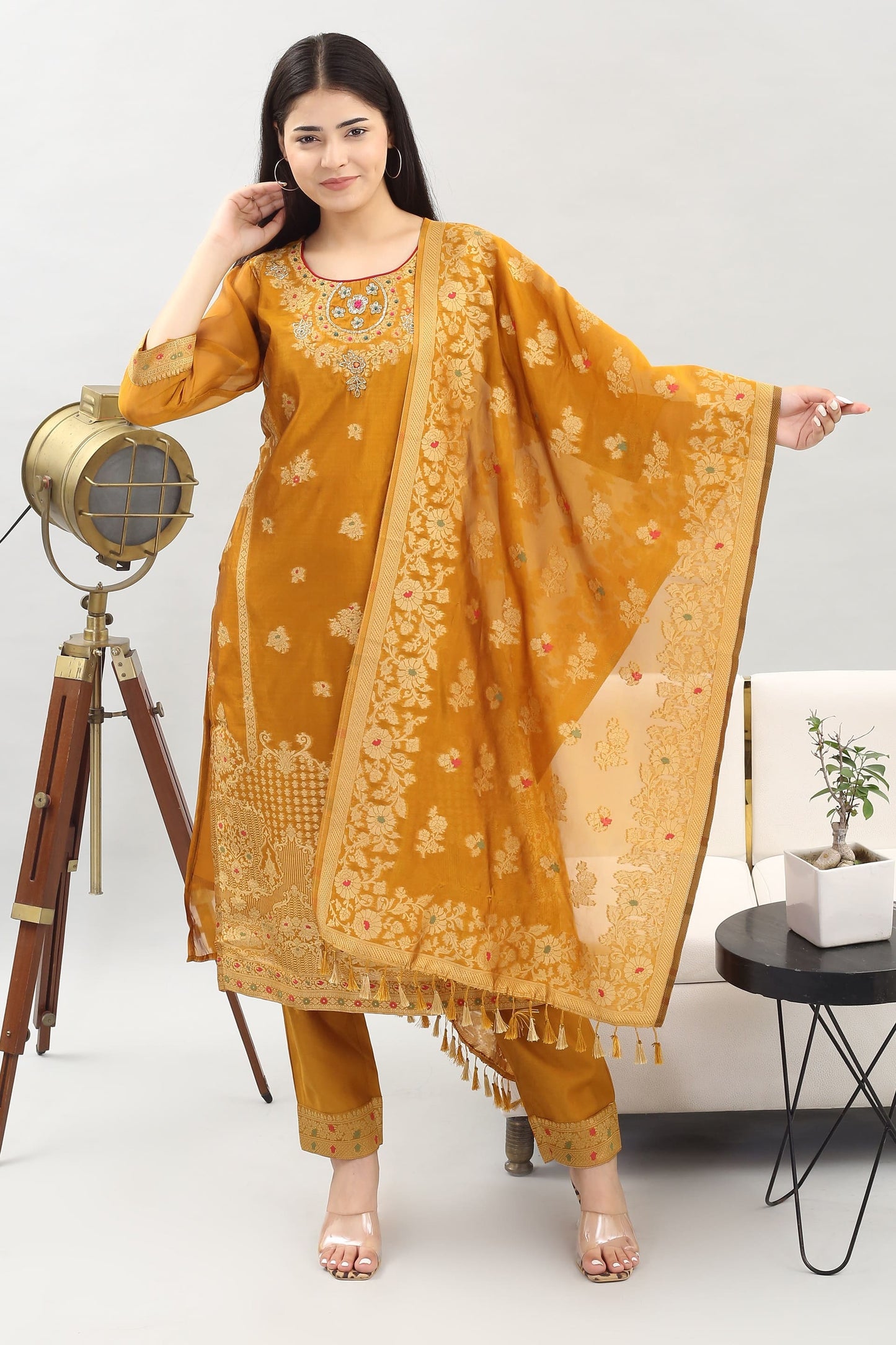 Tyohar Glamour (Mustard) : 46-Inch Pure Organza Jacquard Kurta, Viscose Pants, and Stylish Dupatta