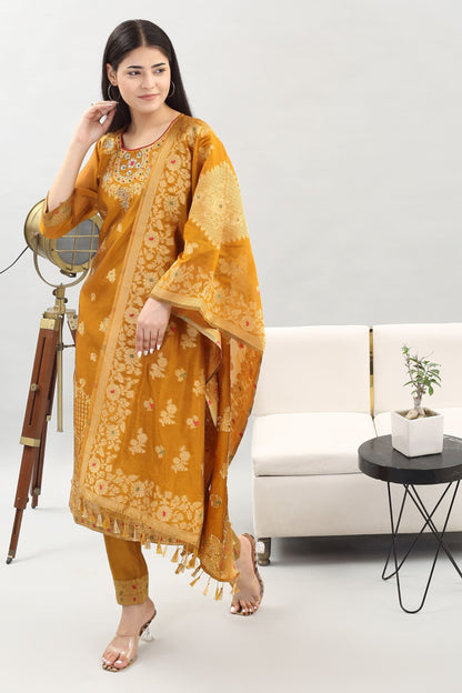 Tyohar Glamour (Mustard) : 46-Inch Pure Organza Jacquard Kurta, Viscose Pants, and Stylish Dupatta