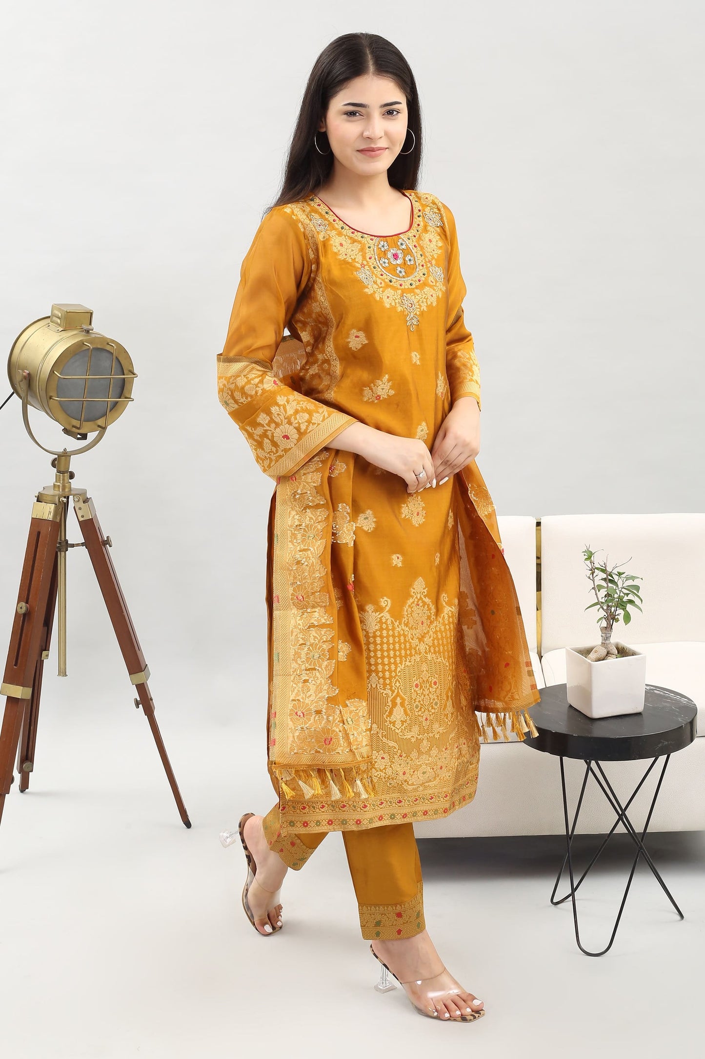 Tyohar Glamour (Mustard) : 46-Inch Pure Organza Jacquard Kurta, Viscose Pants, and Stylish Dupatta