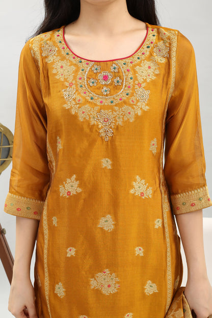 Tyohar Glamour (Mustard) : 46-Inch Pure Organza Jacquard Kurta, Viscose Pants, and Stylish Dupatta