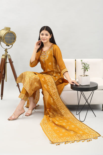 Tyohar Glamour (Mustard) : 46-Inch Pure Organza Jacquard Kurta, Viscose Pants, and Stylish Dupatta