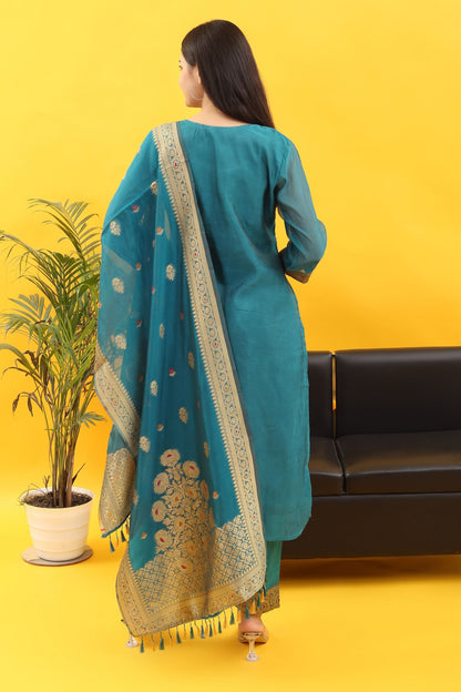 Tyohar Glamour (Aqua Blue) : 46-Inch Pure Organza Jacquard Kurta, Viscose Pants, and Stylish Dupatta