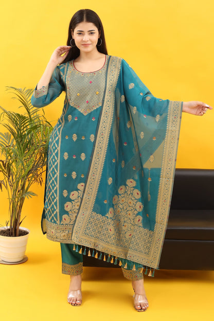 Tyohar Glamour (Aqua Blue) : 46-Inch Pure Organza Jacquard Kurta, Viscose Pants, and Stylish Dupatta