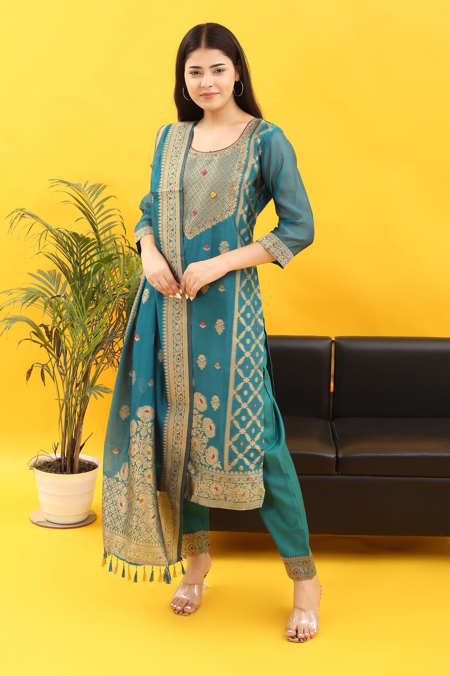 Tyohar Glamour (Aqua Blue) : 46-Inch Pure Organza Jacquard Kurta, Viscose Pants, and Stylish Dupatta