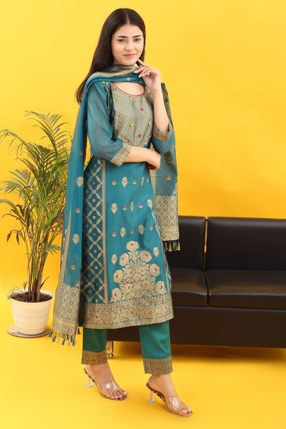 Tyohar Glamour (Aqua Blue) : 46-Inch Pure Organza Jacquard Kurta, Viscose Pants, and Stylish Dupatta