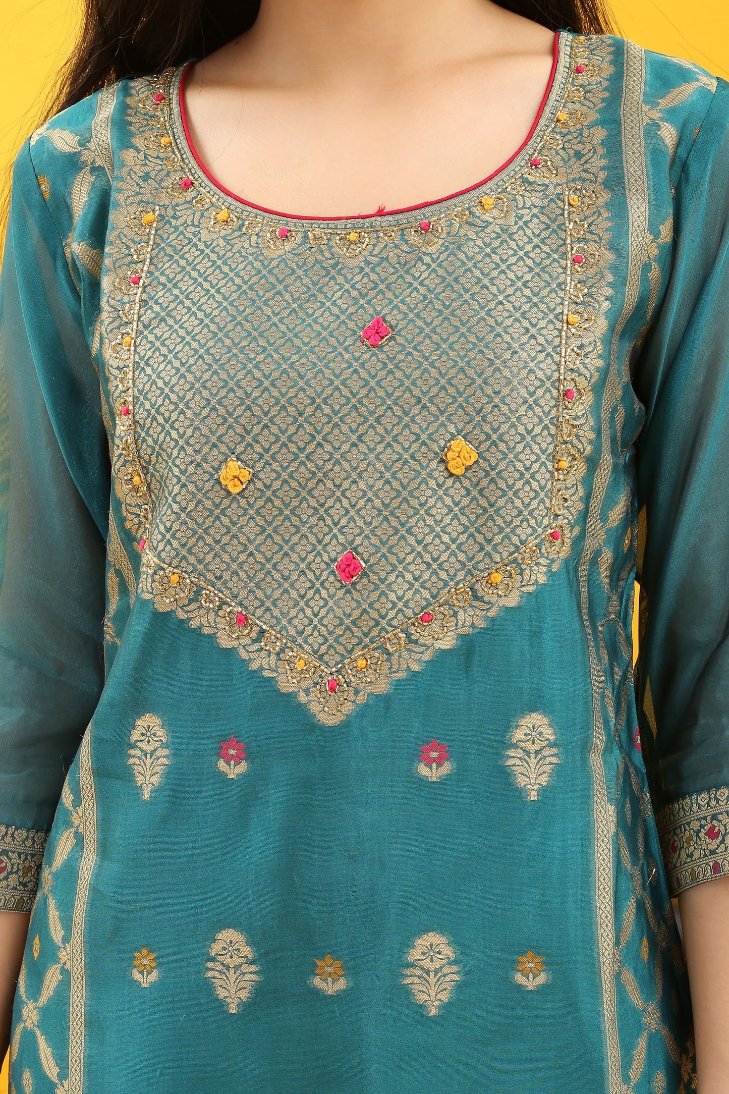 Tyohar Glamour (Aqua Blue) : 46-Inch Pure Organza Jacquard Kurta, Viscose Pants, and Stylish Dupatta