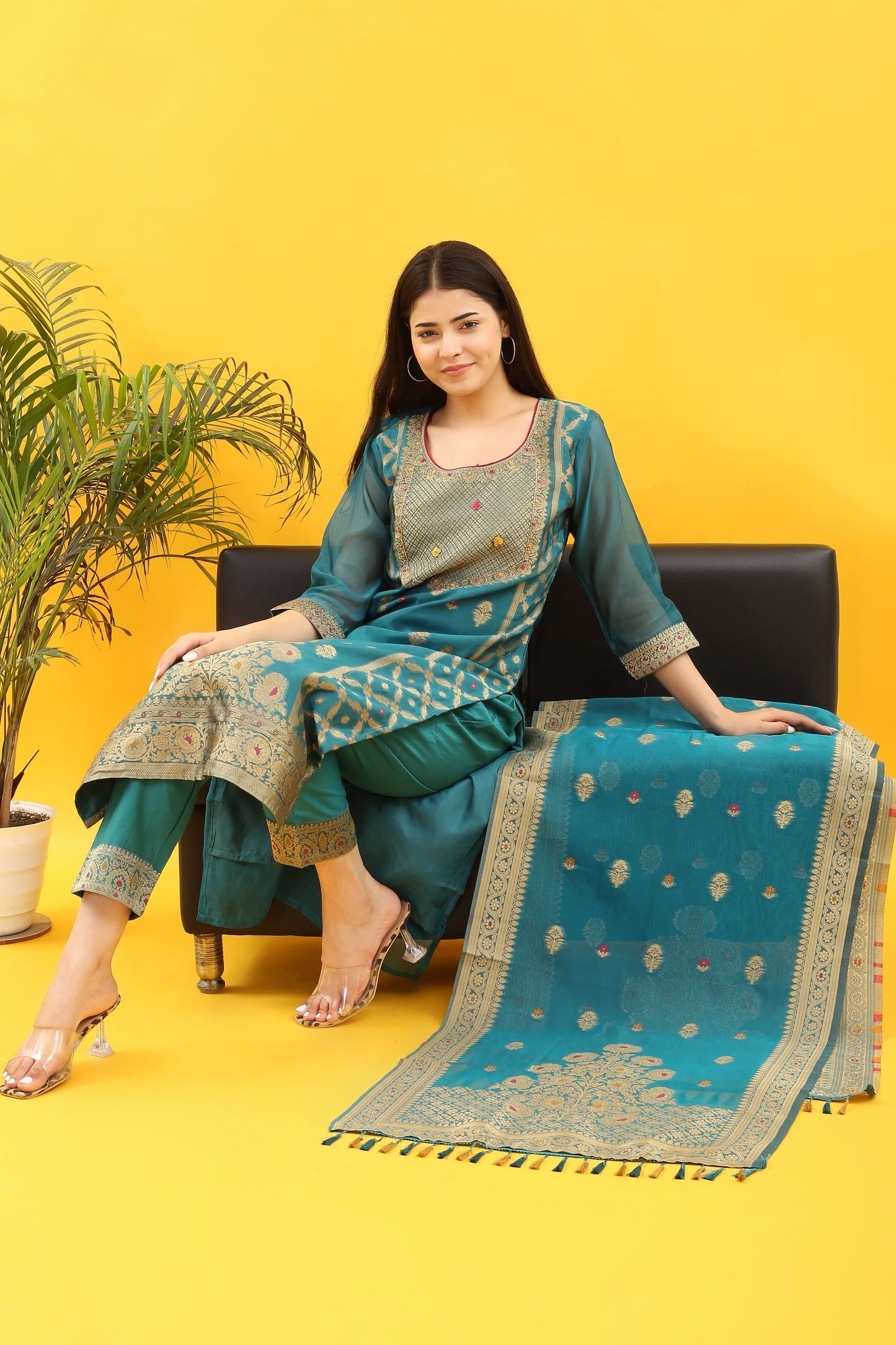 Tyohar Glamour (Aqua Blue) : 46-Inch Pure Organza Jacquard Kurta, Viscose Pants, and Stylish Dupatta