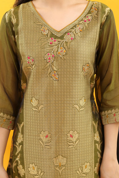 Tyohar Glamour (Pickle green): 46-Inch Pure Organza Jacquard Kurta, Viscose Pants, and Stylish Dupatta