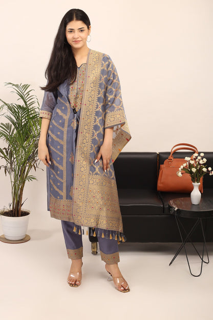 Tyohar Glamour (Steel Grey): 46-Inch Pure Organza Jacquard Kurta, Viscose Pants, and Stylish Dupatta