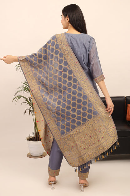 Tyohar Glamour (Steel Grey): 46-Inch Pure Organza Jacquard Kurta, Viscose Pants, and Stylish Dupatta