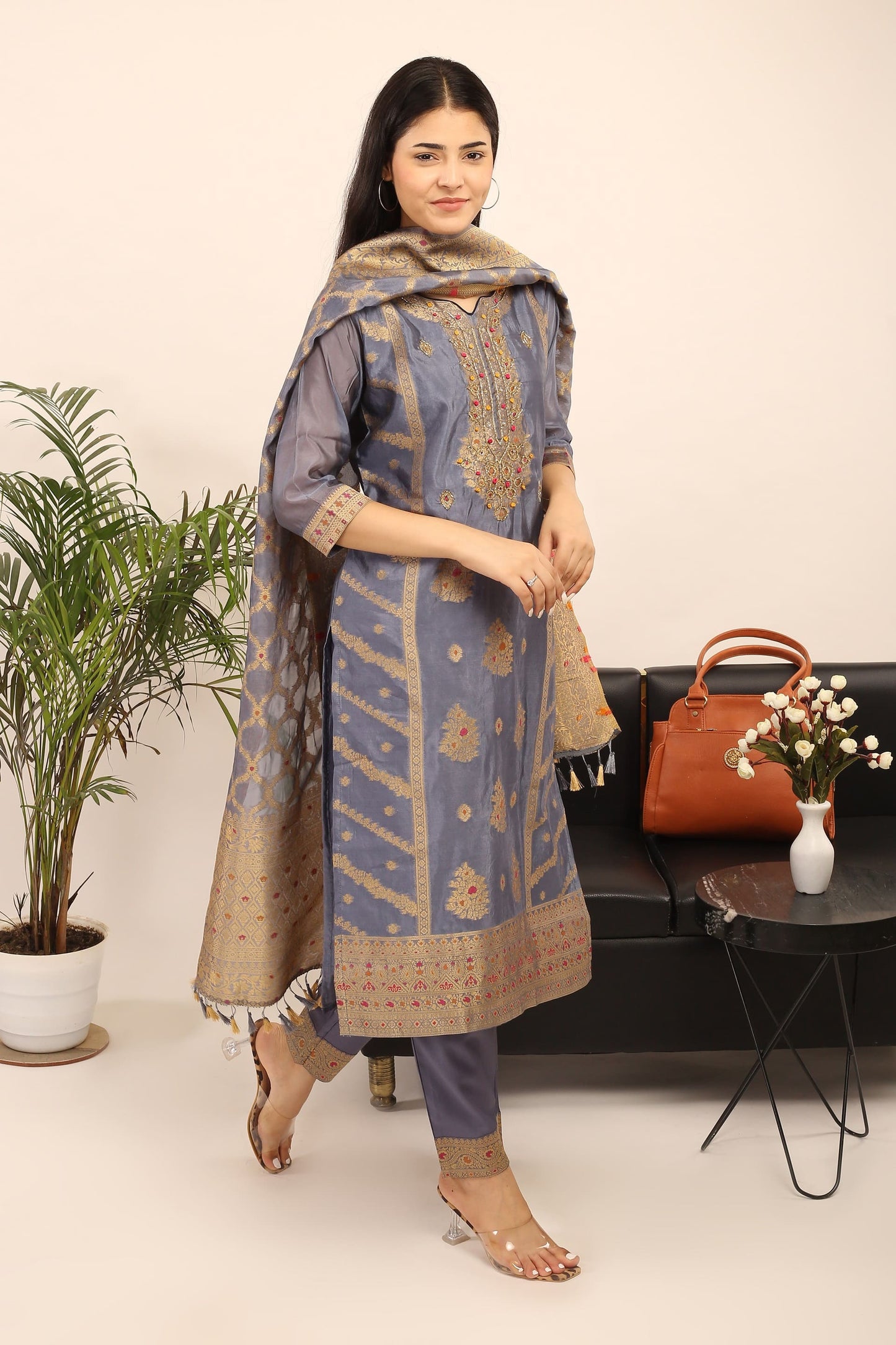 Tyohar Glamour (Steel Grey): 46-Inch Pure Organza Jacquard Kurta, Viscose Pants, and Stylish Dupatta