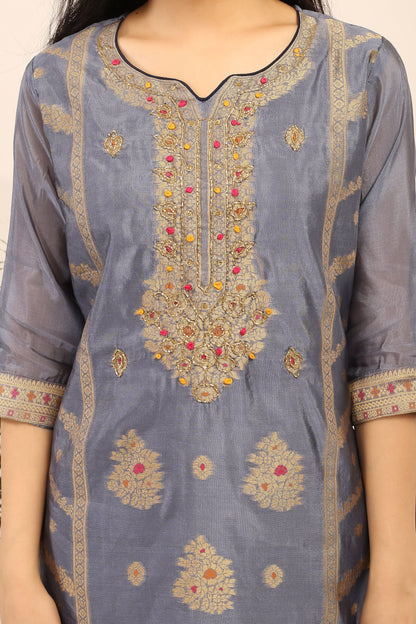 Tyohar Glamour (Steel Grey): 46-Inch Pure Organza Jacquard Kurta, Viscose Pants, and Stylish Dupatta