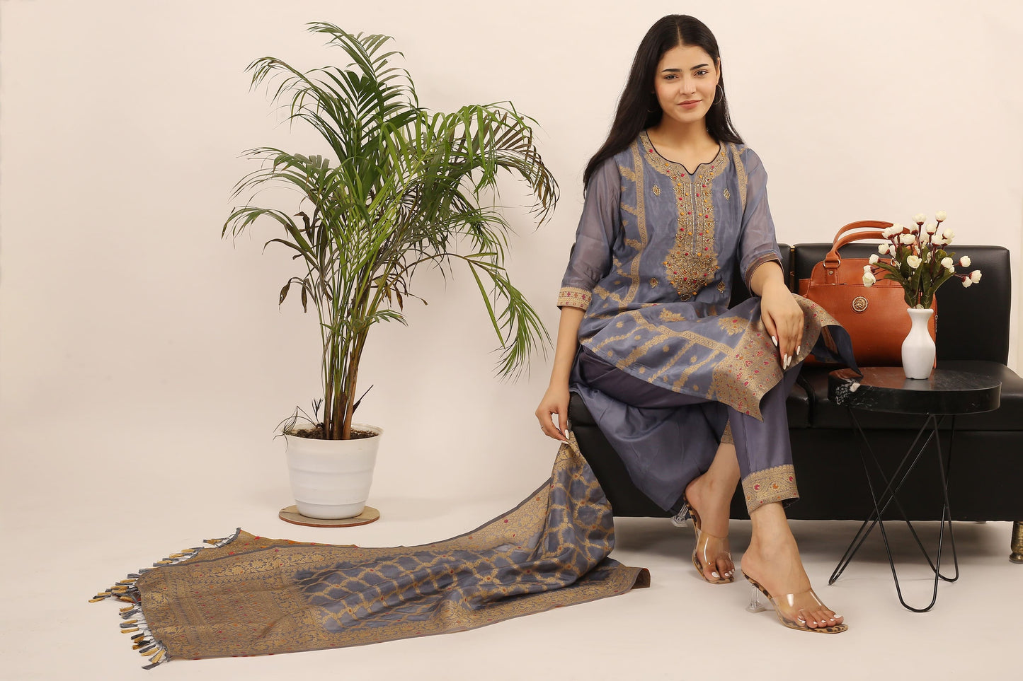 Tyohar Glamour (Steel Grey): 46-Inch Pure Organza Jacquard Kurta, Viscose Pants, and Stylish Dupatta