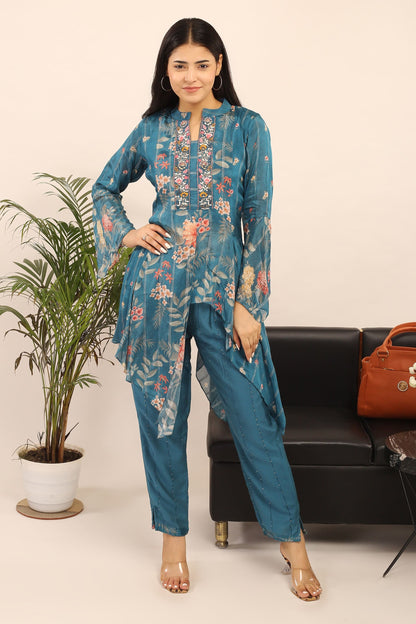 Effortlessly Stylish: Digital Print Top and Thread Weave Viscose Pants Co-ord Set