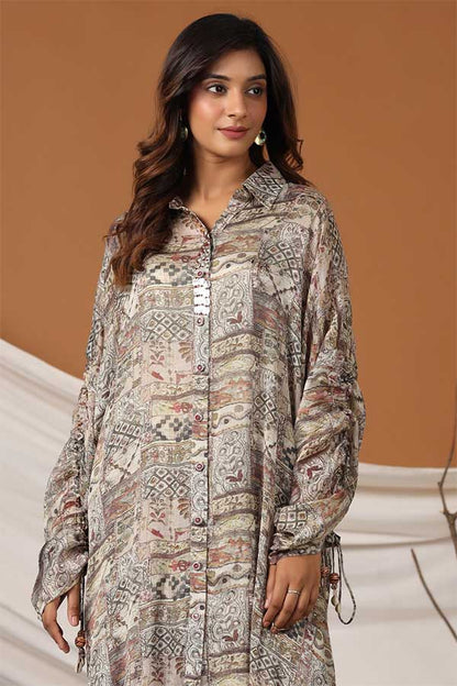 Flowing Kaftan Tunic: Chinon Ensemble with Digital Print Pants