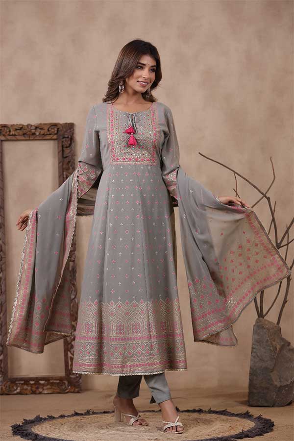 Printed Anarkali Set with Embroidered Accents and Coordinating Pants & Dupatta