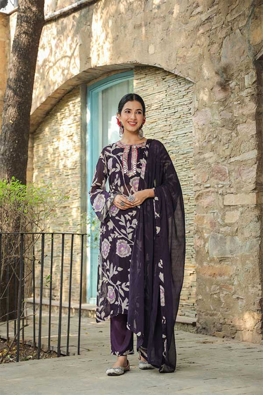 Chinon Chic: Stitched Suit Set with Inner, Pants, and Chiffon Dupatta