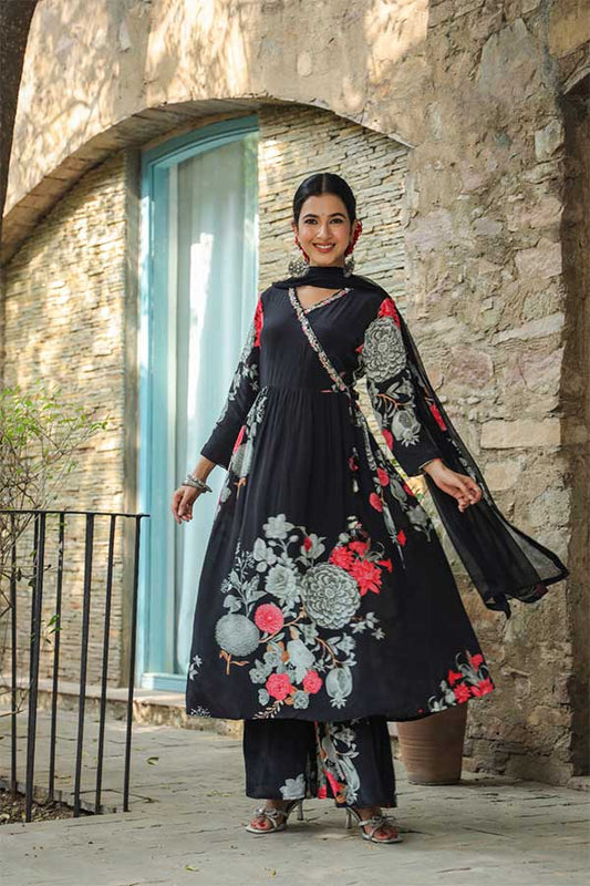 Graceful Fusion: Crepe Anarkali, Flared Sharara, and Chinon Dupatta