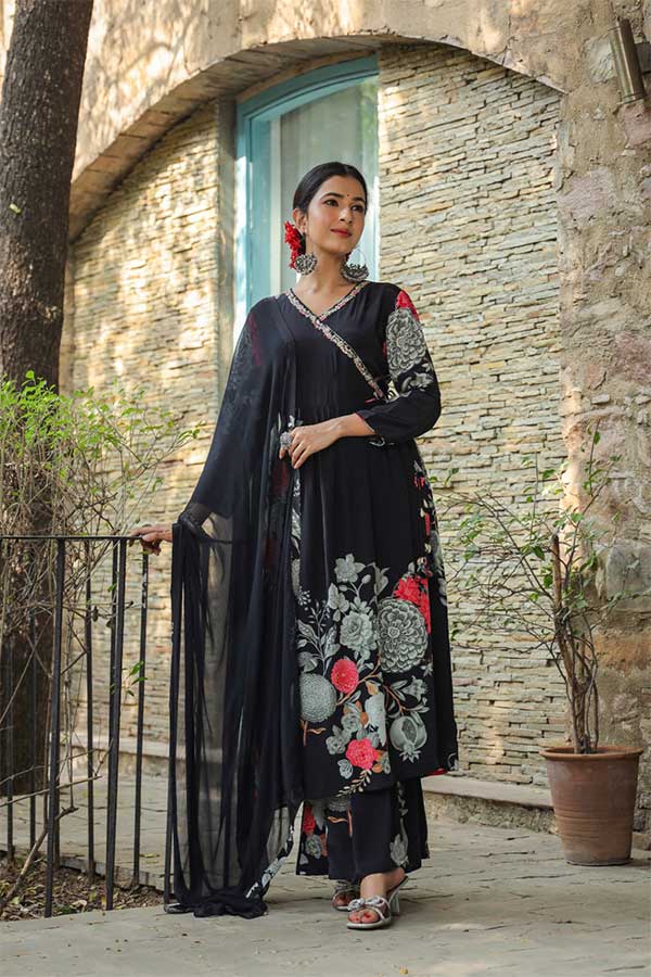 Graceful Fusion: Crepe Anarkali, Flared Sharara, and Chinon Dupatta