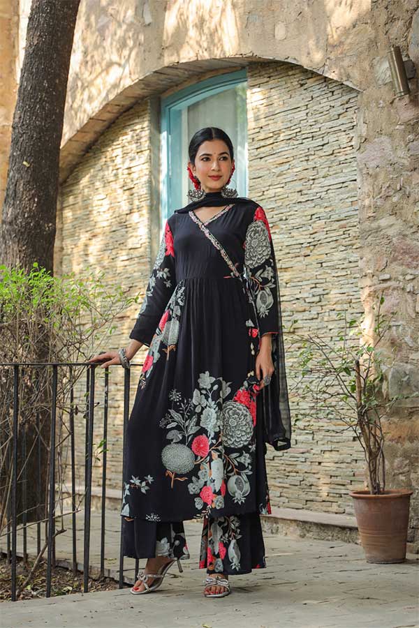 Graceful Fusion: Crepe Anarkali, Flared Sharara, and Chinon Dupatta