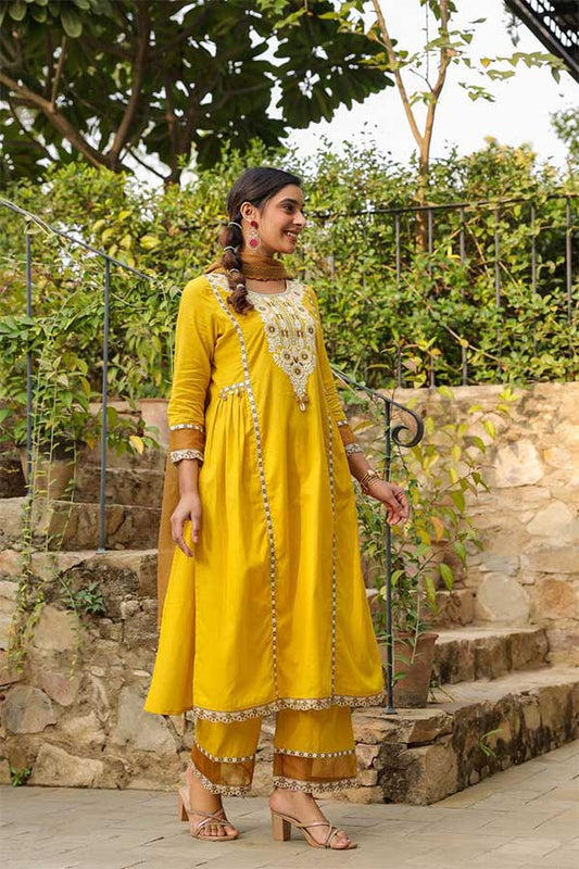 Vibrant Yellow Cotton Suit Ensemble with Ethereal Kota Doriya