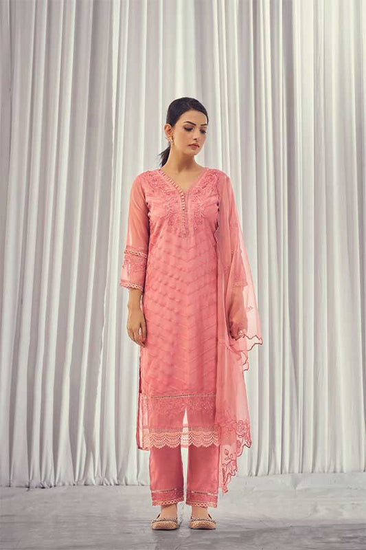 Tone-on-Tone Elegance: Soft Embroidered Organza Kurta with Resham Embroidery