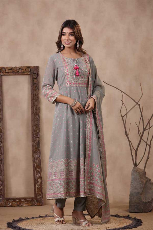 Printed Anarkali Set with Embroidered Accents and Coordinating Pants & Dupatta