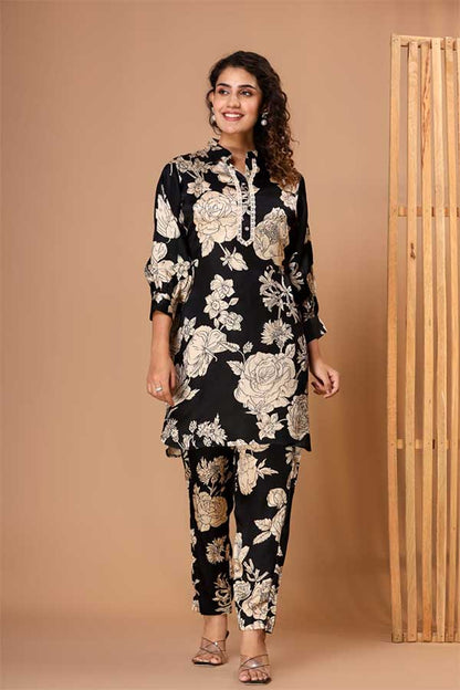 Royal Black & Beige Elegance: Viscose Modal Silk Coord Set with Lace Accents