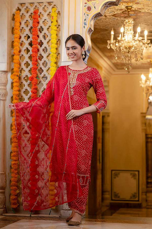 Stitched in Style: Red Rayon Suit with Bandhini Print and Zari Embroidery