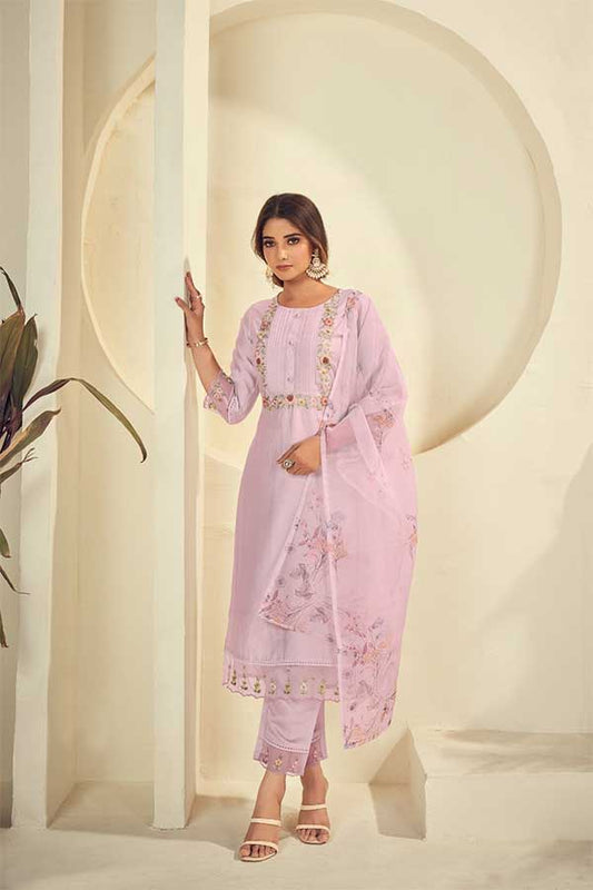 Elegant Muslin Kurta with Thread and Organza Embroidery, Paired with Straight Fit Pants"