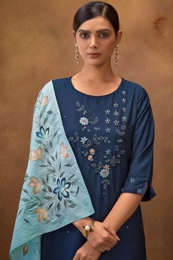 Stitched Silk Suit (Blue): Hand Embroidered Kurta, Embroidered Pants & Floral Dupatta