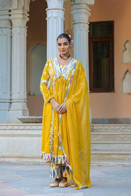 Peppy Yellow Modal Anarkali in Alia Cut Paired with Straight Pants and Chiffon Dupatta