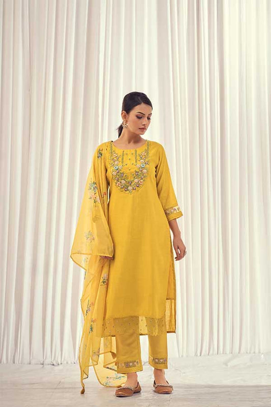 Elegant Muslin Straight Suit: Thread and Organza Embroidered Kurta with Coordinated Pants